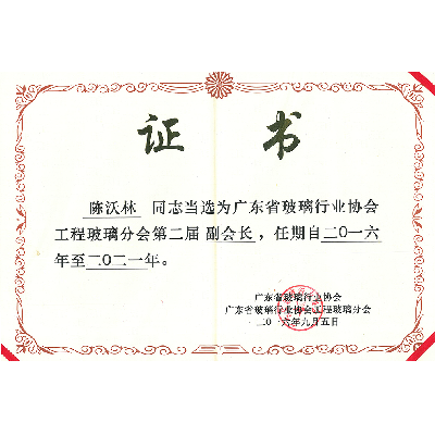 廣東省玻璃行業協會工程玻璃分會第二屆副會長